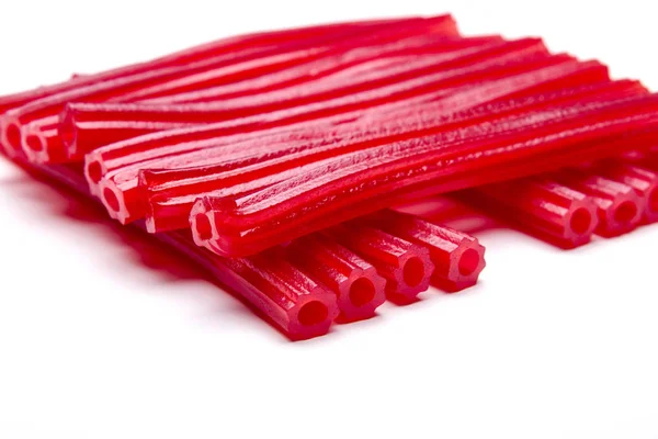 Gummy Zoete Rode Stokken Geïsoleerd Wit Zoet Dessert Snoepjes — Stockfoto
