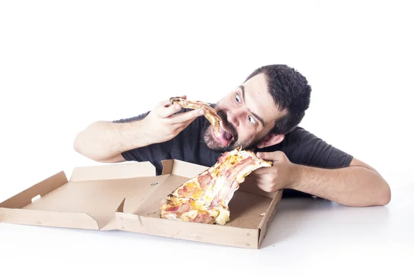 Hombre Hambriento Comiendo Sabrosa Pizza Caja Estudio — Foto de Stock