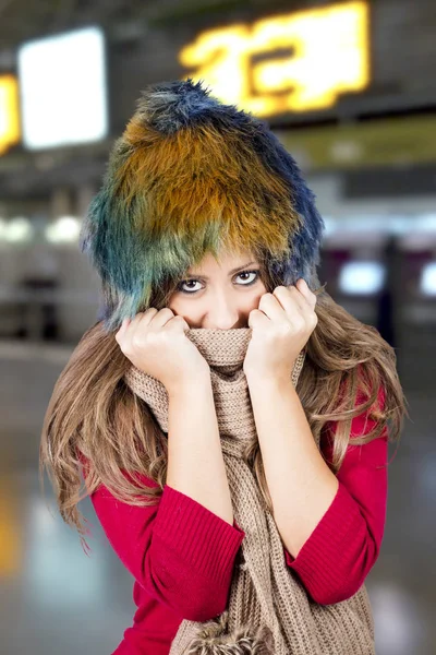 Stylish Girl Multicolored Fur Hat Holding Scarf Looking Camera — Stock Photo, Image