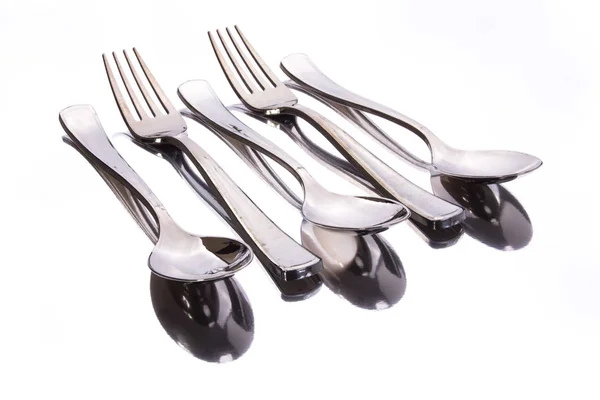 Steel Spoons Forks Mirror Surface Reflection — Stock Photo, Image