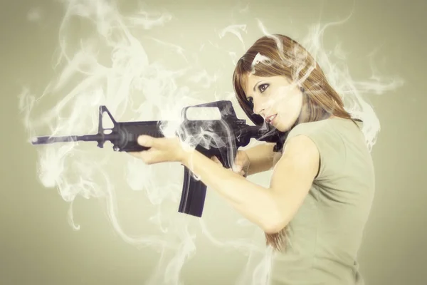 Woman Wearing Military Clothes Holding Submachine Gun Posing — Stock Photo, Image