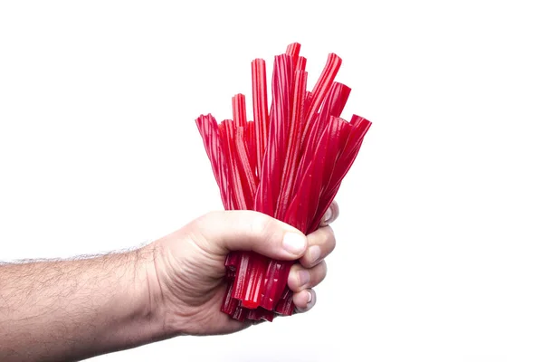 Bijgesneden Afbeelding Van Hand Hebt Gummy Snoepjes Voor Zoete Rode — Stockfoto