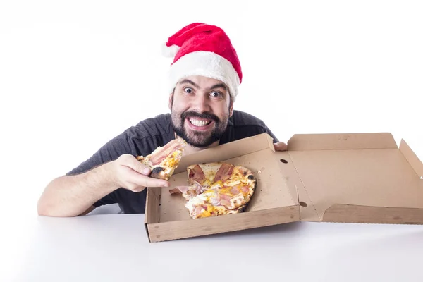 Kaukaski Mężczyzna Kapeluszu Santa Pizza — Zdjęcie stockowe