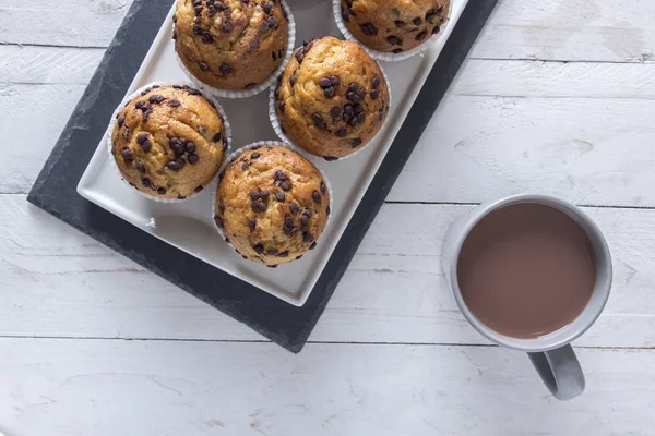 plaka, tablo Kupası ve kakao içki ile ev yapımı çikolata cupcakes üstten görünüm