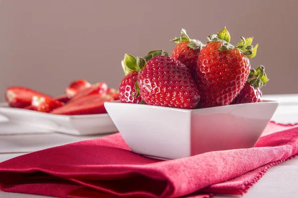 Sweet Fresh Strawberries Plate Bowl Wooden Table Napkin — Stock Photo, Image