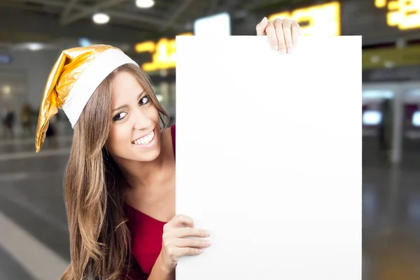Woman Shiny Golden Party Hat Holding White Empty Paper Blank — Stock Photo, Image