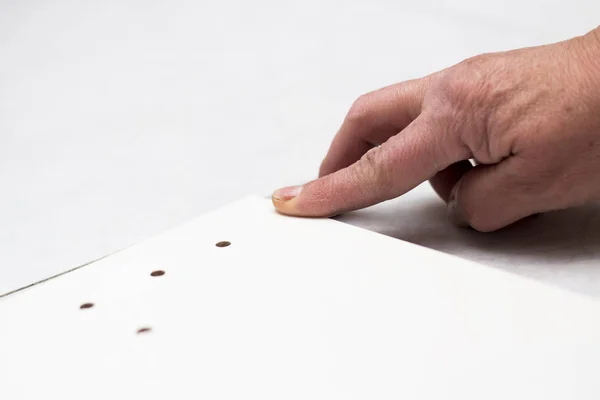 Cropped Image Person Fixing Wooden Plank Holes — Stock Photo, Image