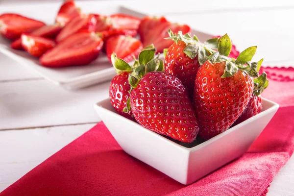 Sweet Fresh Strawberries Plate Bowl Wooden Table Napkin — Stock Photo, Image