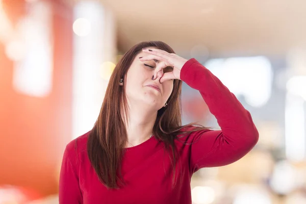 Young Girl Holding Her Nose Hand Pinching Nose — Stock Photo, Image