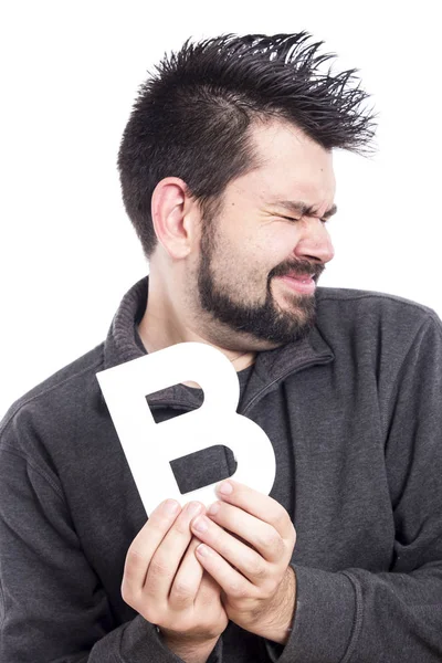 Infeliz Caucásico Hombre Mostrando Letra Estudio Con Fondo Blanco —  Fotos de Stock