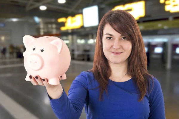 Woman Blue Clothes Holding Piggy Bank — Stock Photo, Image