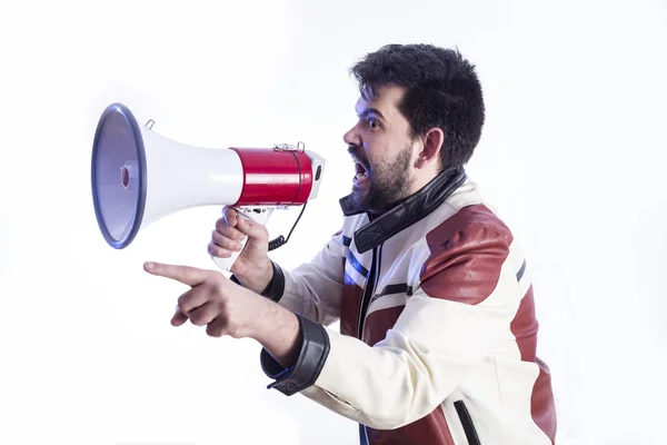 Psicopata Gritando Alto Megafone Estúdio Contra Fundo Branco — Fotografia de Stock