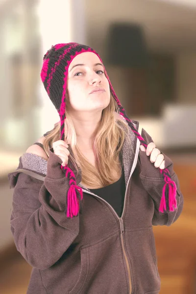 Woman Wearing Warm Hat Bonnet Posing Camera — Stock Photo, Image