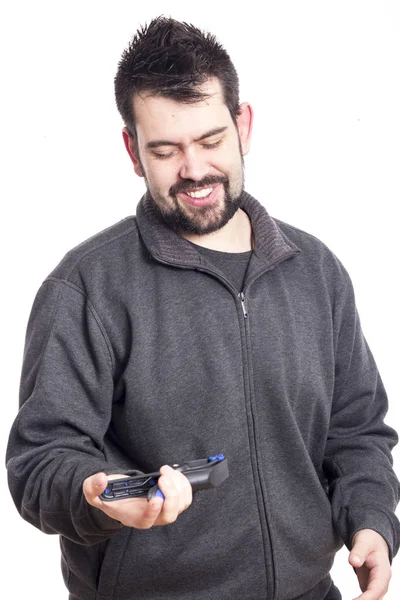 Homem Caucasiano Segurando Grampeador Enquanto Fundo Branco — Fotografia de Stock