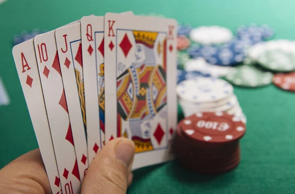 Partial View Hand Holding Cards Playing Cards Green Table Casino — Stock Photo, Image