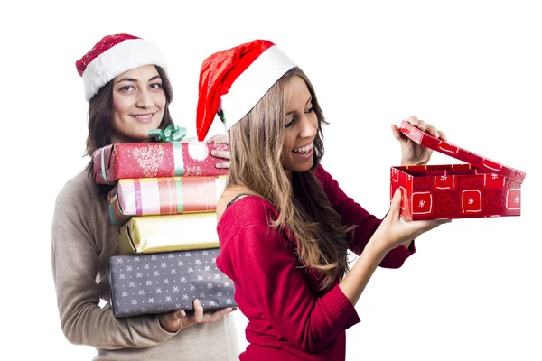 Smiling Two Women Posing Studio Christmas New Year Time Holding Stock Photo