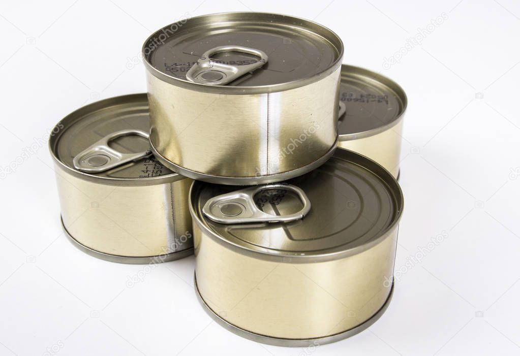 closed aluminum cans, Conserved fish tins isolated on white in studio 