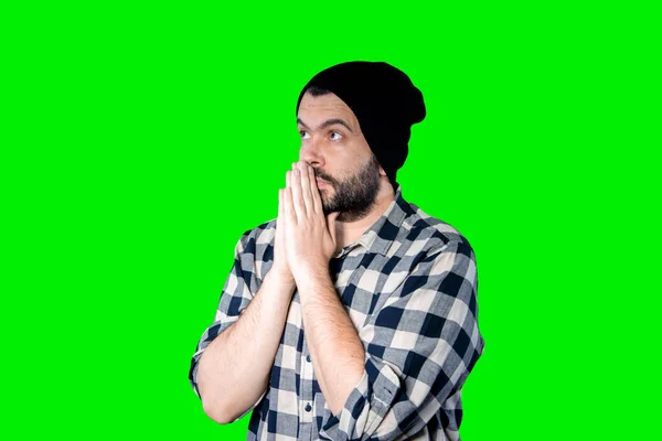 Closeup Portrait Young Bearded Man Praying Hands Clasped Hoping Best — Stock Photo, Image