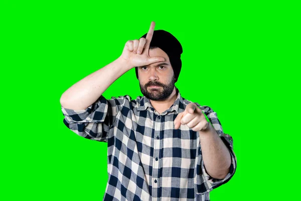 Closeup Portrait Serious Young Bearded Man Showing Loser Sign Forehead — Stock Photo, Image