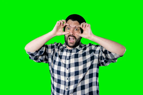 Man Isolated Chroma Background Studio Surprise Facial Expression — Stock Photo, Image