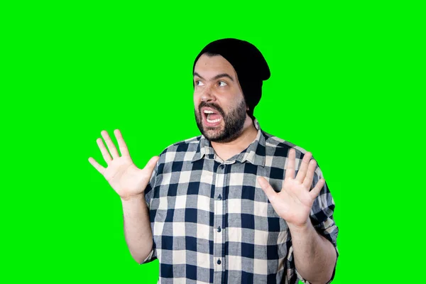 Man Isolated Chroma Background Studio Surprise Facial Expression — Stock Photo, Image