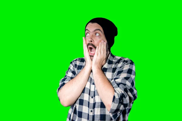 Man Isolated Chroma Background Studio Surprise Facial Expression — Stock Photo, Image