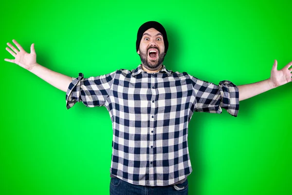 Man Isolated Chroma Background Studio Surprise Facial Expression — Stock Photo, Image