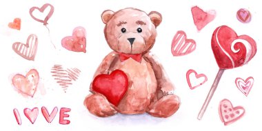 Oyuncak ayı. Sevgililer günü. tatlı kalp suluboya