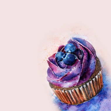 yaban mersini ve krema ile meyveli kek. kek. suluboya. arka plan