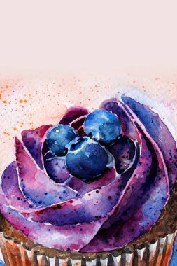 yaban mersini ve krema ile meyveli kek. kek. suluboya. arka plan