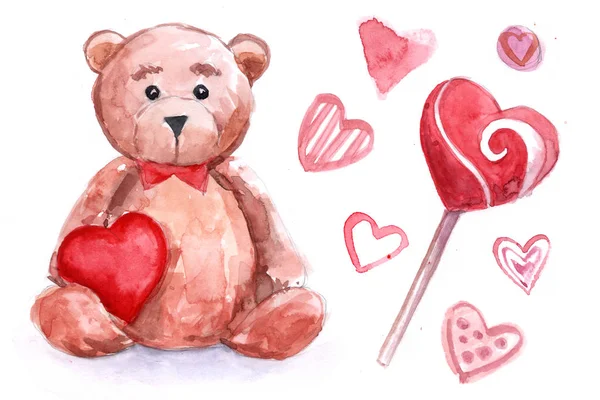 Boneka Beruang Hari Valentine Warna Air Hati Yang Manis — Stok Foto
