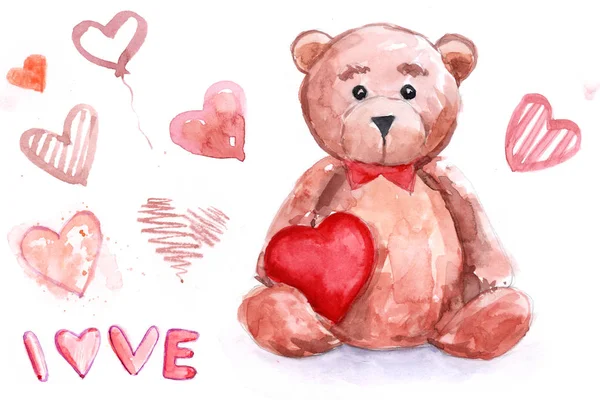 Медвежонок Тедди День Святого Валентина Сладкий Акварель Сердца — стоковое фото