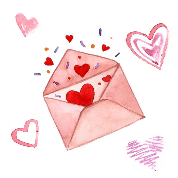 Sevgililer Sevgililer Günü Aşk Mektubu Bir Kalp Tatlı Aşk Suluboya — Stok fotoğraf