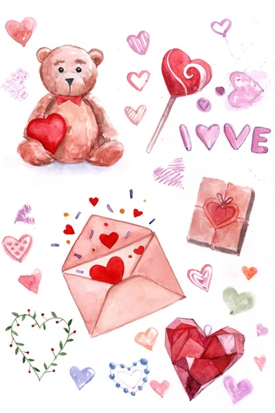 Set Valentine Day Heart Shape Teddy Bear Love Letter Valentine — Stock Photo, Image