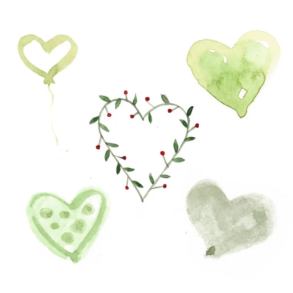心の水彩画 葉と果実の枝 バレンタインの日 — ストック写真