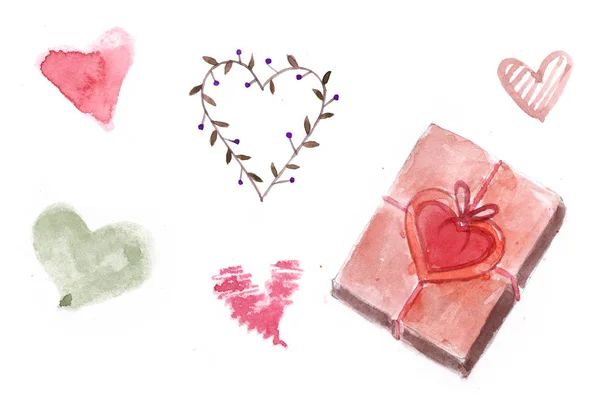 バレンタインの日を設定します キャンディー ハート形の水彩画 — ストック写真