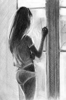 girl smokes. near the window . pencil drawing. graphics clipart