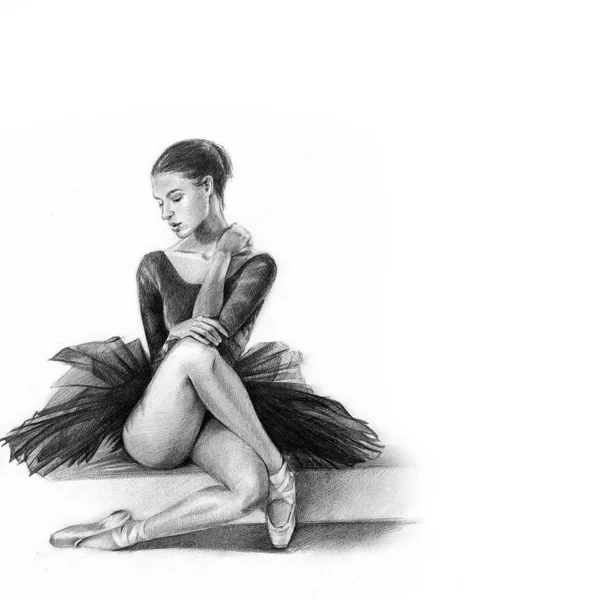 Ballerina Zwart Danser Zit Meisje Potlood Tekening Graphics — Stockfoto