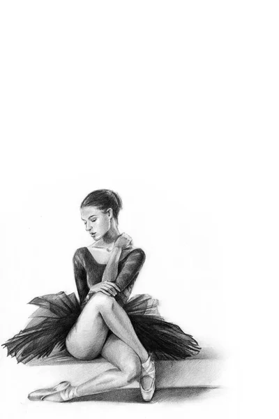 芭蕾舞演员黑色 舞蹈演员坐着 铅笔画 — 图库照片