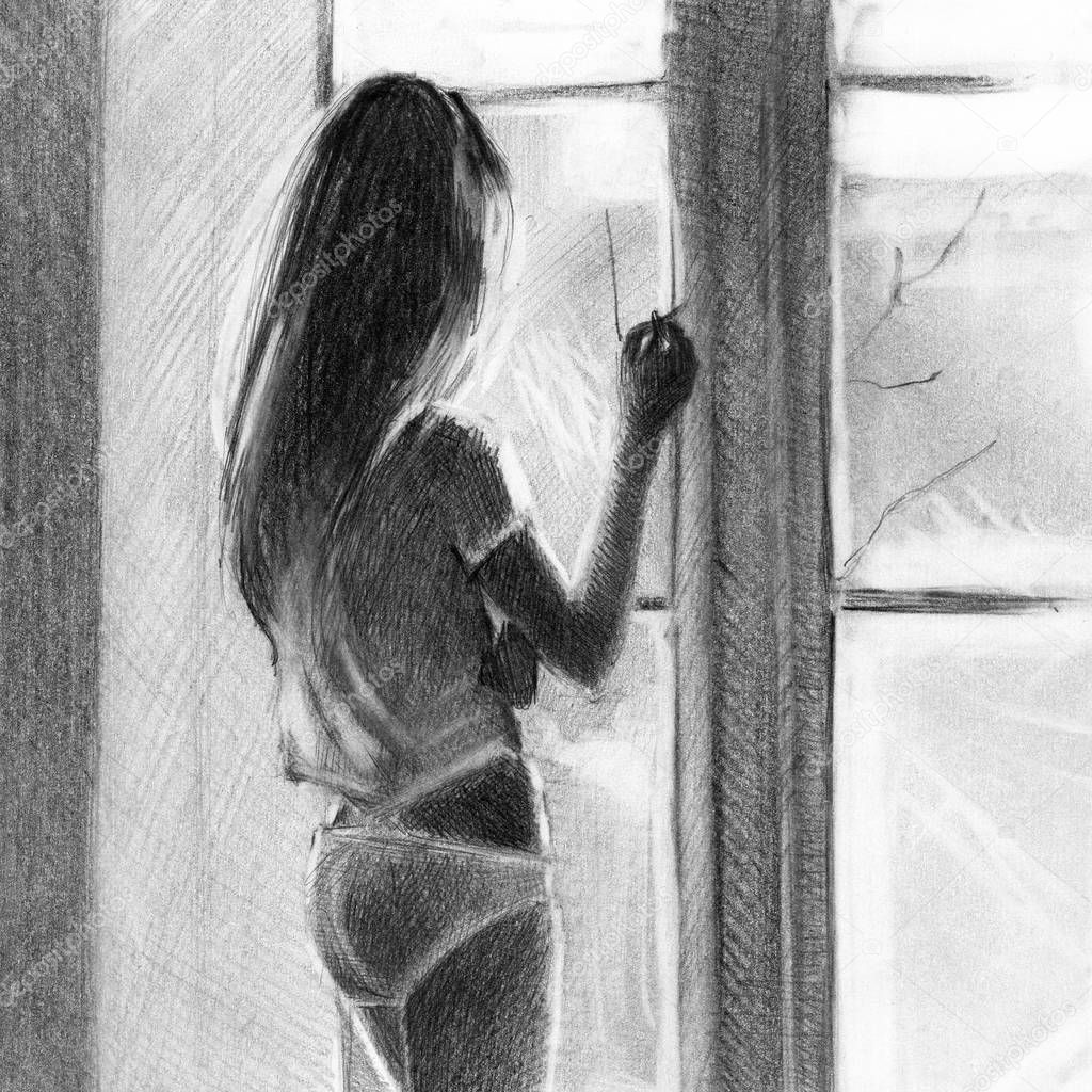 girl smokes. near the window . pencil drawing. graphics