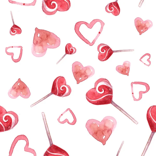 Sorunsuz Doku Sevgililer Günü Şeker Lolipoplar Kalp Aşk Suluboya — Stok fotoğraf