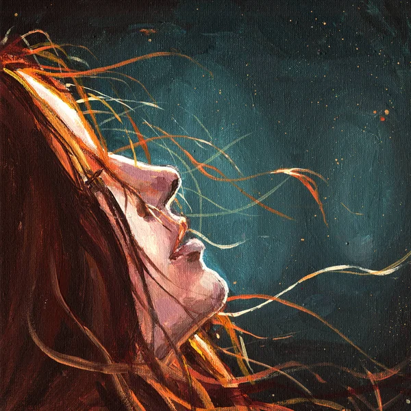 Mädchen Bei Nacht Unter Wasser Haare Mondschein Gesicht Malen Mit — Stockfoto