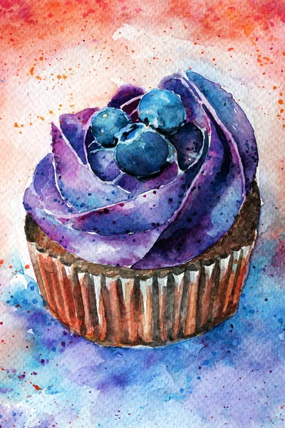ブルーベリーの水彩カップケーキ — ストック写真