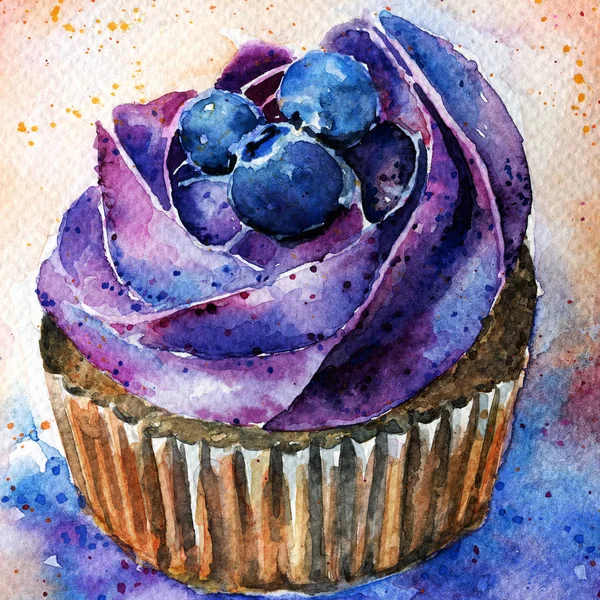 ブルーベリーの水彩カップケーキ — ストック写真