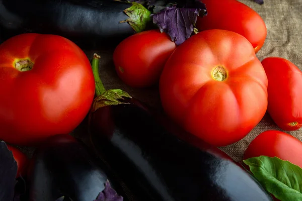 Tomates vermelhos suculentos frescos e berinjelas — Fotografia de Stock