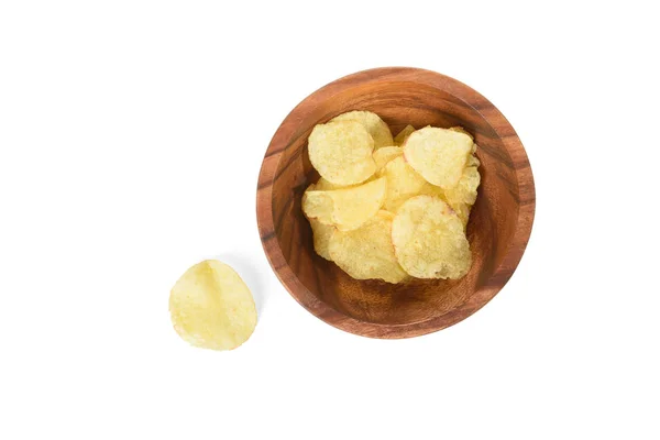 Top view of bowl with potato chips isolated on white — Stock Photo, Image