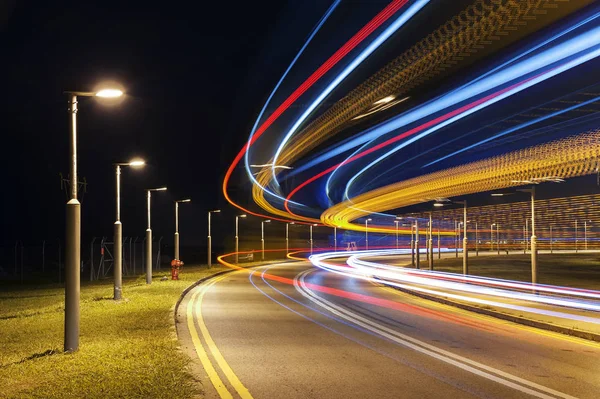 Sentieri Leggeri Auto Strada Durante Notte — Foto Stock