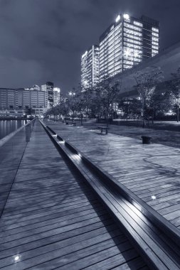 Geceleyin Hong Kong 'da deniz kenarında gezinti.