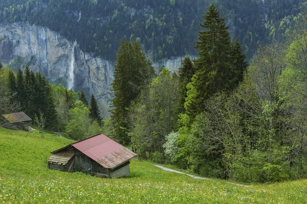 小屋とラウターブルンネン スイスの滝 — ストック写真