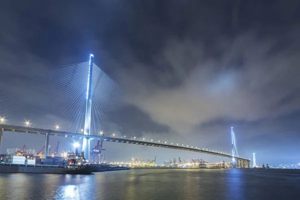 Most Wiszący Porcie Hong Kongu Nocy — Zdjęcie stockowe